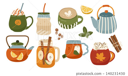 Cozy hot drinks vector set with tea coffee cocoa teapots and autumn elements Cozy hot drinks vector set with tea coffee cocoa teapots and autumn elements 140231430