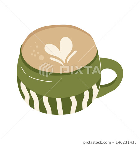 Ceramic striped cup with cappuccino and heart shape latte art Ceramic striped cup with cappuccino and heart shape latte art 140231433