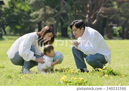 A young couple and their beloved daughter relaxing on the park's lawn. 140231598
