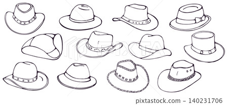 Hand drawn set of cowboy hats in different styles doodle illustration on white background Hand drawn set of cowboy hats in different styles doodle illustration on white background 140231706