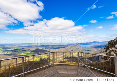 Boroka Lookout balcony overlooking Lake Bellfield on sunny day in Grampians, Victoria 140231825