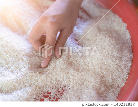 Thai jasmine rice. The hands of an Asian woman are picking up foreign matter from the uncooked milled rice in a red plastic tray before cooking. Raw dry jasmine rice. Uncooked milled white rice. Thai jasmine rice. The hands of an Asian woman are picking up foreign matter from the uncooked milled rice in a red plastic tray before cooking. Raw dry jasmine rice. Uncooked milled white rice. 140231937