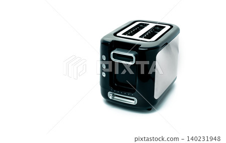 Black toaster isolated on white background. Brushed stainless steel toaster for bread toast. Two slot pop-up toasters. Kitchen appliance. Household electric small appliance for heating sliced bread. 140231948