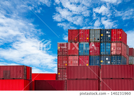 Container logistic. Cargo and shipping business. Container ship for import and export logistic. Container freight station. Logistic industry from port to port. Container at harbor for truck transport. 140231960