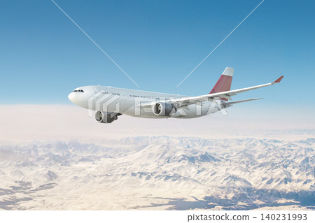 Modern wide body aircraft flying over snow covered mountains 140231993