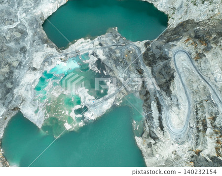 Open pit mine industry. Limestone quarry with backhoe and truck in operation. Heavy machinery in mining industry and construction material supply. Landscape of resource extraction in a industrial site Open pit mine industry. Limestone quarry with backhoe and truck in operation. Heavy machinery in mining industry and construction material supply. Landscape of resource extraction in a industrial site 140232154