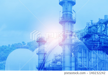 Gas turbine electrical power plant with industrial LNG storage tanks. Global energy production facility for electricity generation. Power plant infrastructure with liquefied natural gas containers. Gas turbine electrical power plant with industrial LNG storage tanks. Global energy production facility for electricity generation. Power plant infrastructure with liquefied natural gas containers. 140232242