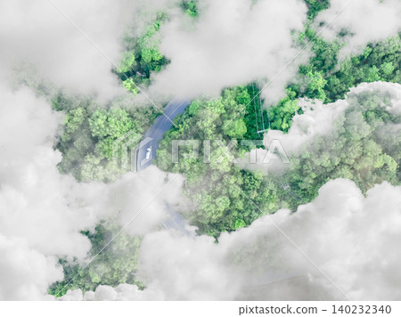 Aerial top view of electric vehicle driving on a winding highway road in green forest with fog. Sustainable transportation, zero emissions, and eco-friendly mobility for reducing carbon footprints. Aerial top view of electric vehicle driving on a winding highway road in green forest with fog. Sustainable transportation, zero emissions, and eco-friendly mobility for reducing carbon footprints. 140232340