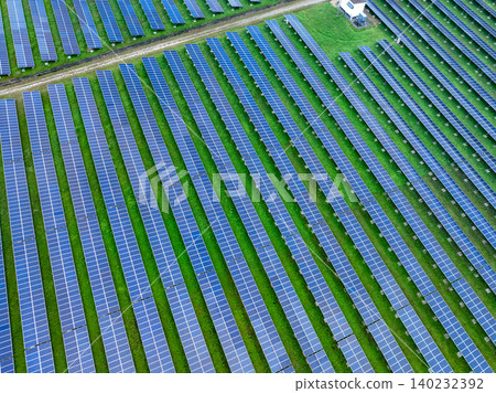 Aerial view of solar farm. Sustainable renewable energy and modern photovoltaic technology for eco-friendly electricity production. Solar power station. Green energy solutions. Solar panel technology. 140232392