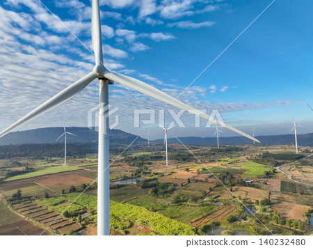 Landscape of wind farm. Wind energy. Wind power. Sustainable, renewable energy. Wind turbines generate electricity. Sustainable development. Green technology for energy sustainability. Green energy. 140232480