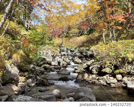 A stream flowing through the Daisetsuzan mountains in autumn A stream flowing through the Daisetsuzan mountains in autumn 140232720