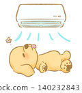An illustration of a dog cooling off under an air conditioner; a picture book-style hand-drawn illustration. An illustration of a dog cooling off under an air conditioner; a picture book-style hand-drawn illustration. 140232843