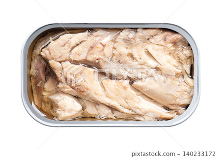 Mackerel fillets, skinless and boneless, in sunflower oil, in a tin can. Atlantic, Boston, Norwegian, or Scottish mackerel, Scomber scombrus, rich on protein, vitamins and omega-3 fatty acids. Photo Mackerel fillets, skinless and boneless, in sunflower oil, in a tin can. Atlantic, Boston, Norwegian, or Scottish mackerel, Scomber scombrus, rich on protein, vitamins and omega-3 fatty acids. Photo 140233172