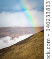 Vibrant rainbow stretches across a vast mountain vista. Fluffy white clouds float below the horizon, obscuring part of a distant rocky terrain. 140233813