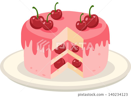 Cherry cake illustration with pink icing and cherries on top for bakery, dessert, birthday, party, layered cake, sweet treat, festive food, homemade confectionery, dessert design 140234123