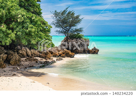 Strange rock formations standing amidst the beautiful emerald green sea and sandy beaches of Okinawa. 140234220