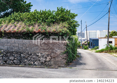 沖繩傳統的街景,紅瓦屋頂,石牆 沖繩傳統的街景,紅瓦屋頂,石牆 140234223