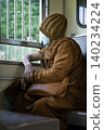 Wrapped in the soft, textured folds of traditional saffron robes, a Buddhist monk sits quietly by a train window, his gaze fixed on the world passing outside the barred frame. Wearing a knit beanie 140234224