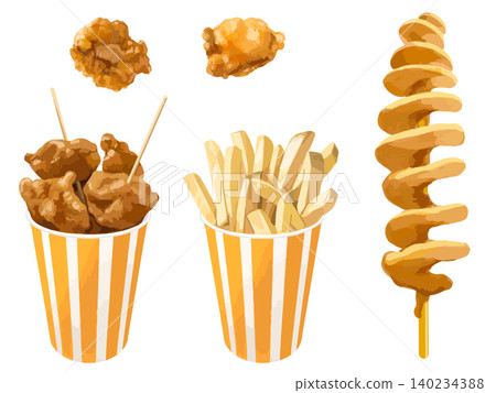 Street food set (fried chicken, fries, hurricane potatoes) Street food set (fried chicken, fries, hurricane potatoes) 140234388