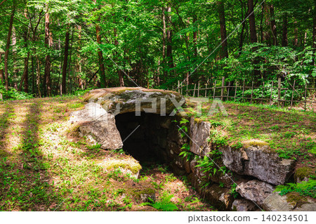 The entrance to the stone chamber burial mound, surrounded by forest. The entrance to the stone chamber burial mound, surrounded by forest. 140234501