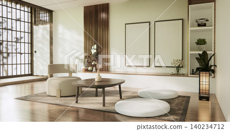 Mock up empty japanese on Modern room gray color tone interior modern japandi style.3D rendering Mock up empty japanese on Modern room gray color tone interior modern japandi style.3D rendering 140234712