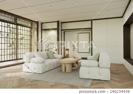 Mock up empty japanese on Modern room gray color tone interior modern japandi style.3D rendering Mock up empty japanese on Modern room gray color tone interior modern japandi style.3D rendering 140234936