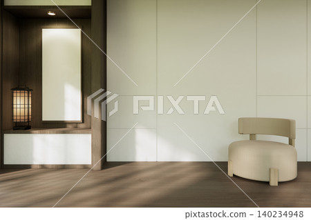 Mock up empty japanese on Modern room gray color tone interior modern japandi style.3D rendering Mock up empty japanese on Modern room gray color tone interior modern japandi style.3D rendering 140234948