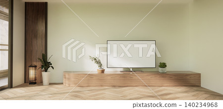 Mock up Cabinet and panel wall design on empty room with decoration ,lamp, plants .3D rendering 140234968