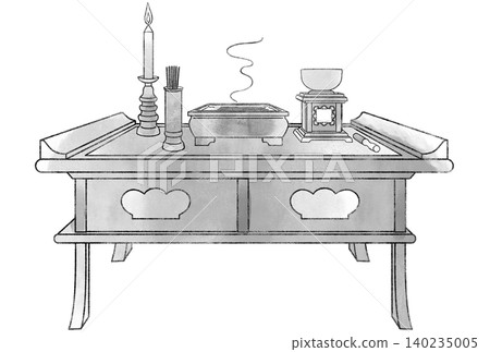 A monochrome illustration set of a Buddhist altar table (offering table), candle holder, incense holder, bell, incense burner, incense sticks, and other Buddhist altar and ritual objects. A monochrome illustration set of a Buddhist altar table (offering table), candle holder, incense holder, bell, incense burner, incense sticks, and other Buddhist altar and ritual objects. 140235005