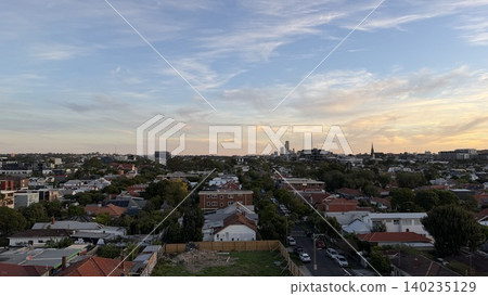 High angle view of Melbourne city at sunset High angle view of Melbourne city at sunset 140235129
