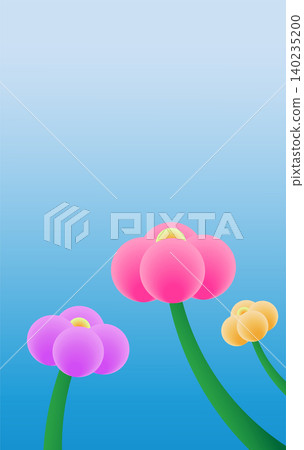 3D cartoon style cute flowers with colorful round petals on green stems against a blue gradient sky background. Minimalist abstract nature vector illustration. 3D cartoon style cute flowers with colorful round petals on green stems against a blue gradient sky background. Minimalist abstract nature vector illustration. 140235200