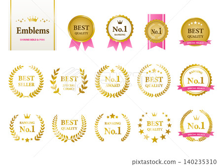 A set of premium pink and gold emblems, medals, and ranking badges. A set of premium pink and gold emblems, medals, and ranking badges. 140235310