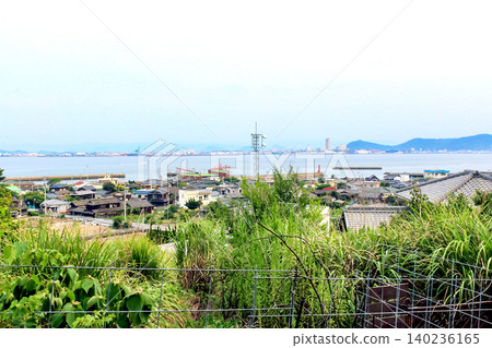 [Kagawa] Megijima Island in summer: A view of Megi Port and the cityscape of Takamatsu from a hilltop. 140236165