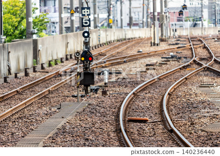 A landscape of intersecting railway tracks and a series of railway signals. A landscape of intersecting railway tracks and a series of railway signals. 140236440