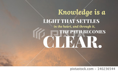 Modern typography layout featuring the quote Knowledge is a light that settles in the heart, through it, the path becomes clear. Horizontal poster uses bold white sans serif text alongside an elegant Modern typography layout featuring the quote Knowledge is a light that settles in the heart, through it, the path becomes clear. Horizontal poster uses bold white sans serif text alongside an elegant 140236544