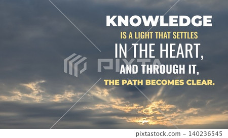 Inspirational typography layout featuring the quote Knowledge is a light that settles in the heart, through it, the path becomes clear. Horizontal poster uses bold white, yellow sans serif text over a Inspirational typography layout featuring the quote Knowledge is a light that settles in the heart, through it, the path becomes clear. Horizontal poster uses bold white, yellow sans serif text over a 140236545