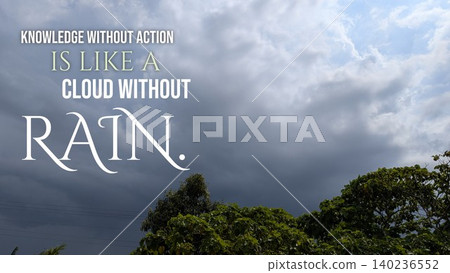 Inspirational typography layout featuring the quote Knowledge without action, is like a cloud without rain. Horizontal poster design uses bold white serif text over a bright blue sky background with Inspirational typography layout featuring the quote Knowledge without action, is like a cloud without rain. Horizontal poster design uses bold white serif text over a bright blue sky background with 140236552
