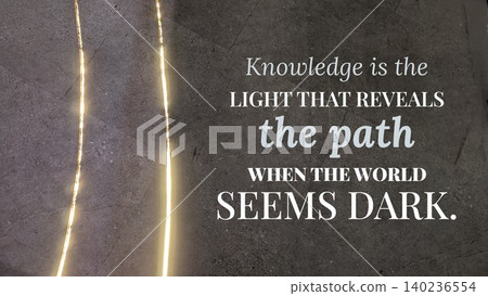 Inspirational typography layout featuring the quote Knowledge is the light that reveals the path when the world seems dark. Vertical poster design uses bold white, yellow text over a textured grey 140236554