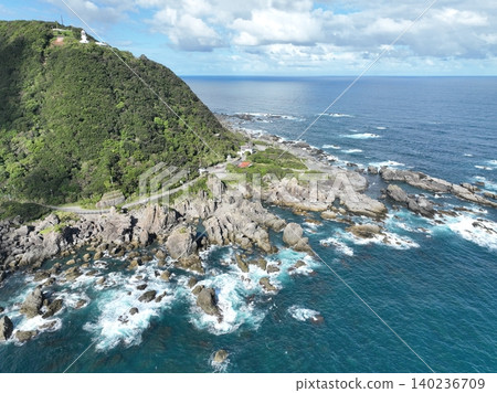 [Aerial view] Uplifted coastline and rock formations of Cape Muroto (Kochi Prefecture) 140236709
