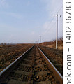 The local train tracks stretch on endlessly, under a clear blue sky. 140236783