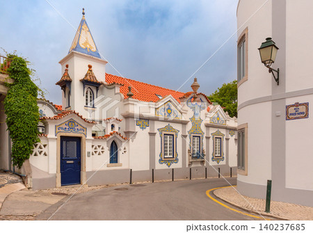 Historic chapel with decorative azulejo tiles in Cascais, Portugal. 140237685