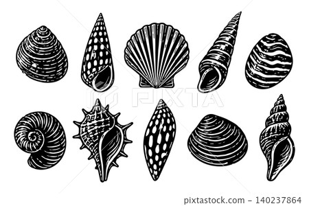 Lino illustration beach for linocut vector sea and ocean shell design. Silhouette isolated stamp for water summer lino and marine set monochrome. Lino print wave for linocut icon illustration Lino illustration beach for linocut vector sea and ocean shell design. Silhouette isolated stamp for water summer lino and marine set monochrome. Lino print wave for linocut icon illustration 140237864