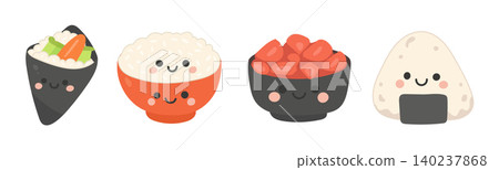 Food icon cartoon for vector illustration design and isolated japan asian. White rice onigiri for restaurant japanese food and menu healthy graphic. Food cooking sushi for vector cute icon 140237868