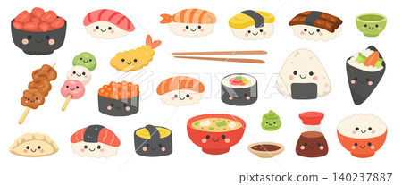 Food japanese sushi for vector illustration japan and restaurant asian isolated. Cartoon menu icon for design fish food and cuisine meal art. Food white cooking for vector cute japanese Food japanese sushi for vector illustration japan and restaurant asian isolated. Cartoon menu icon for design fish food and cuisine meal art. Food white cooking for vector cute japanese 140237887