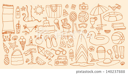 Summer illustration icon and vector beach travel with design sea doodle. Drawing background vacation and summer isolated line with cute holiday illustration. Graphic summer ocean and water 140237888