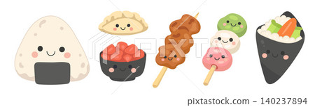 Food isolated japanese for vector illustration cartoon and restaurant asian menu. Design icon japan for yakitori sushi food and onigiri rice meal. Food dish art for vector fish isolated Food isolated japanese for vector illustration cartoon and restaurant asian menu. Design icon japan for yakitori sushi food and onigiri rice meal. Food dish art for vector fish isolated 140237894