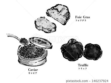 黑白插圖描繪了世界上三種最珍貴的美食:鵝肝、魚子醬和松露。 黑白插圖描繪了世界上三種最珍貴的美食:鵝肝、魚子醬和松露。 140237924