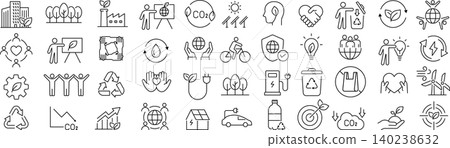 A set of monochrome vector line art icons related to ESG. 140238632