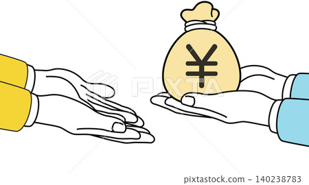 An illustration of money, a hand, a yen symbol, and a hand holding a coin. An illustration of money, a hand, a yen symbol, and a hand holding a coin. 140238783