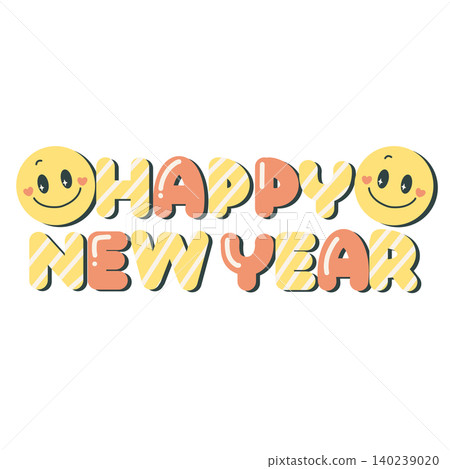 可愛的新年賀卡設計,上面印有“新年快樂”字樣和一個笑臉。 可愛的新年賀卡設計,上面印有“新年快樂”字樣和一個笑臉。 140239020